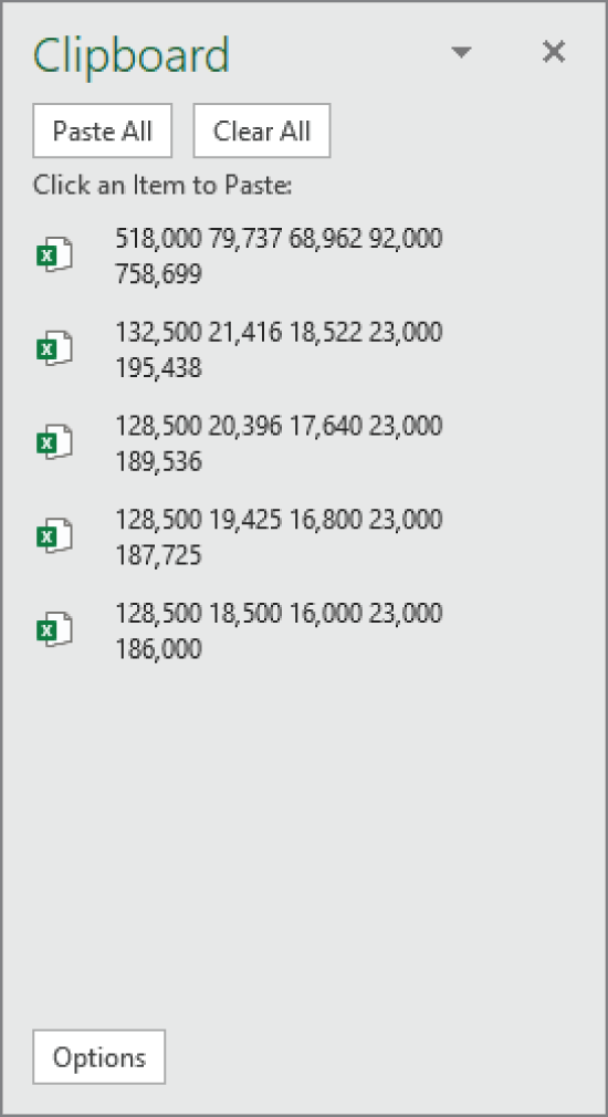 Snapshot of using the Clipboard task pane to copy and paste multiple items.