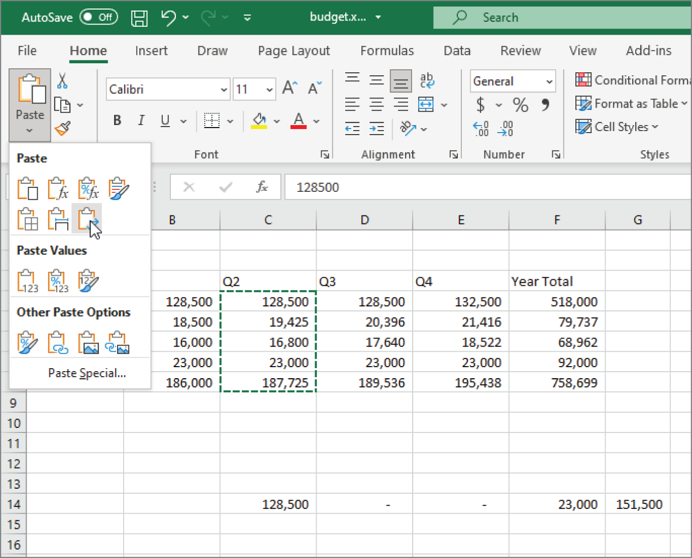 Snapshot of excel offers several pasting options, with preview. Here, the information is copied from C4:C8 and is being pasted beginning at cell C14 using the Transpose option.