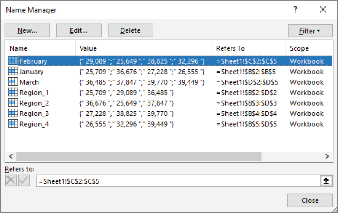 Snapshot of using the Name Manager to work with range names.