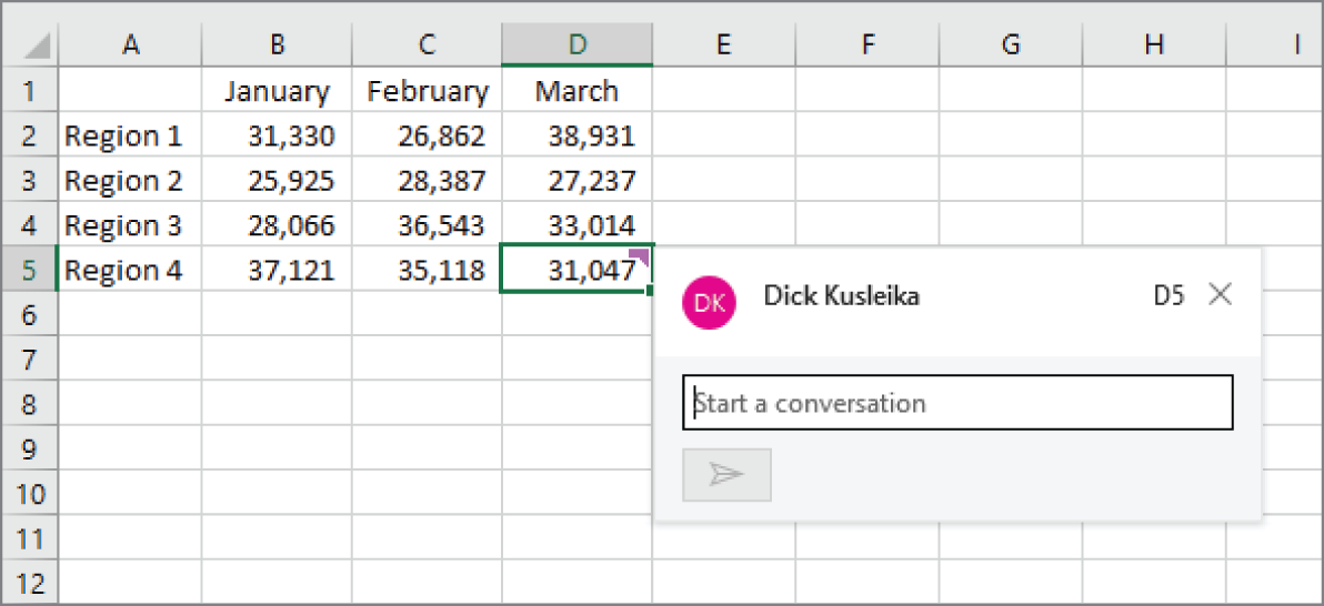 Snapshot of creating a comment attaches a new, blank comment to a cell.