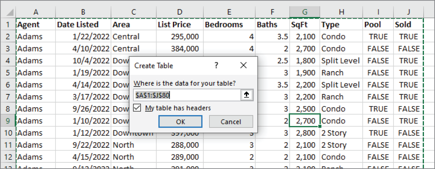 Snapshot of using the Create Table dialog box to verify that Excel guessed the table dimensions correctly.