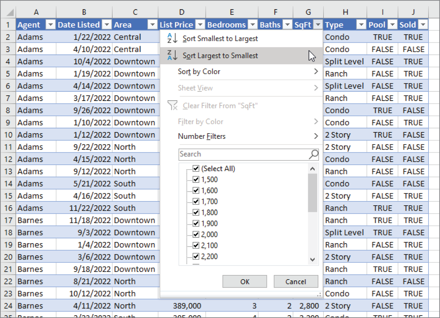 Snapshot of each column in a table has sorting and filtering options.