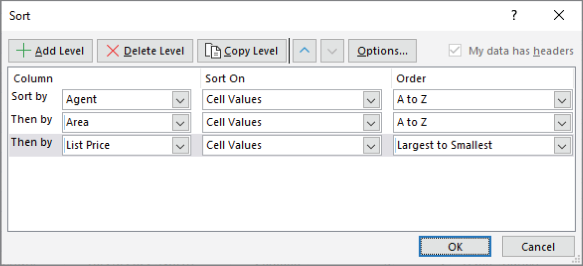 Snapshot of using the Sort dialog box to specify a three-column sort