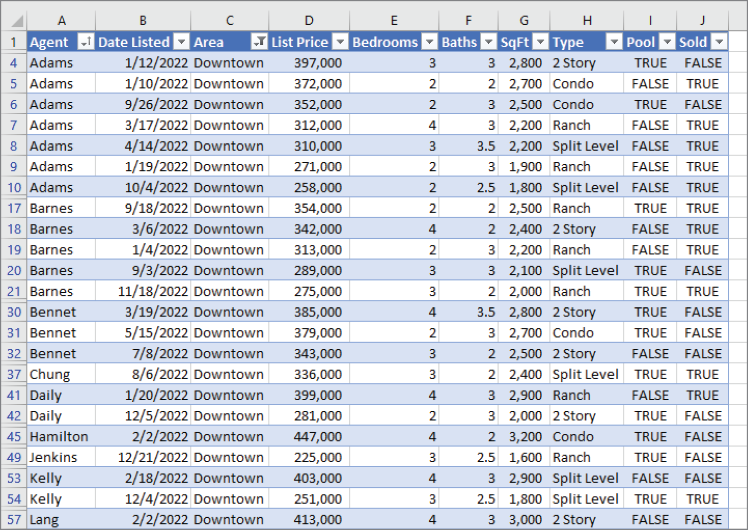 Snapshot of the table is filtered to show the information for only one area.