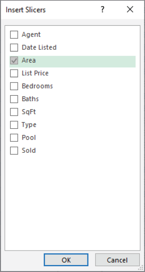 Snapshot of using the Insert Slicers dialog box to specify which slicers to create.