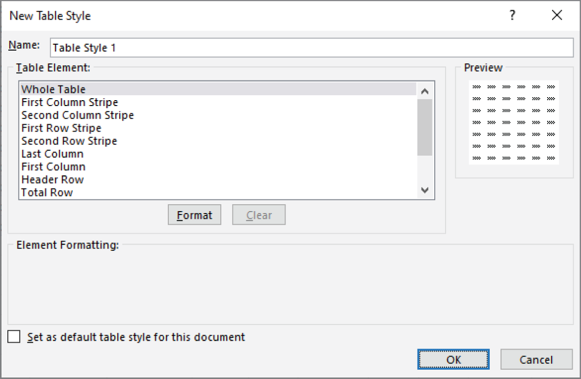 Snapshot of using the dialog box to create a new table style.