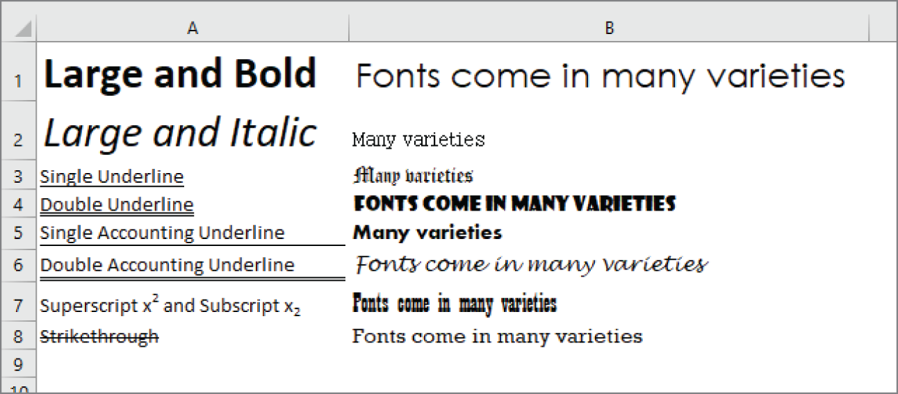 Snapshot of choosing many different font formatting options for your worksheets.