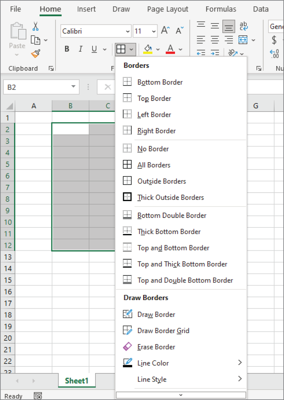 Snapshot of using the Borders drop-down list to add lines around worksheet cells.