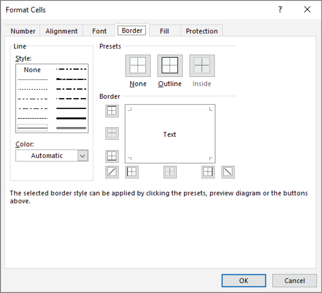 Snapshot of using the Border tab of the Format Cells dialog box for more control over cell borders.