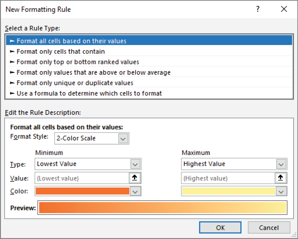 Snapshot of using the New Formatting Rule dialog box to customize a color scale.