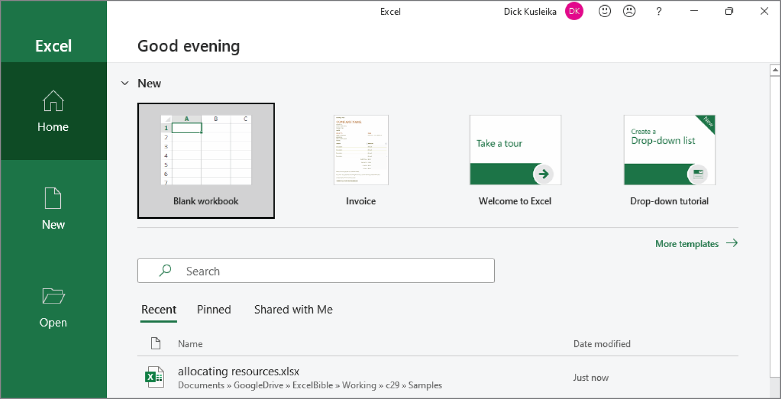 Snapshot of choosing Blank workbook from Excel's Start screen