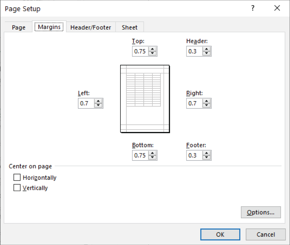 Snapshot of the Margins tab of the Page Setup dialog box