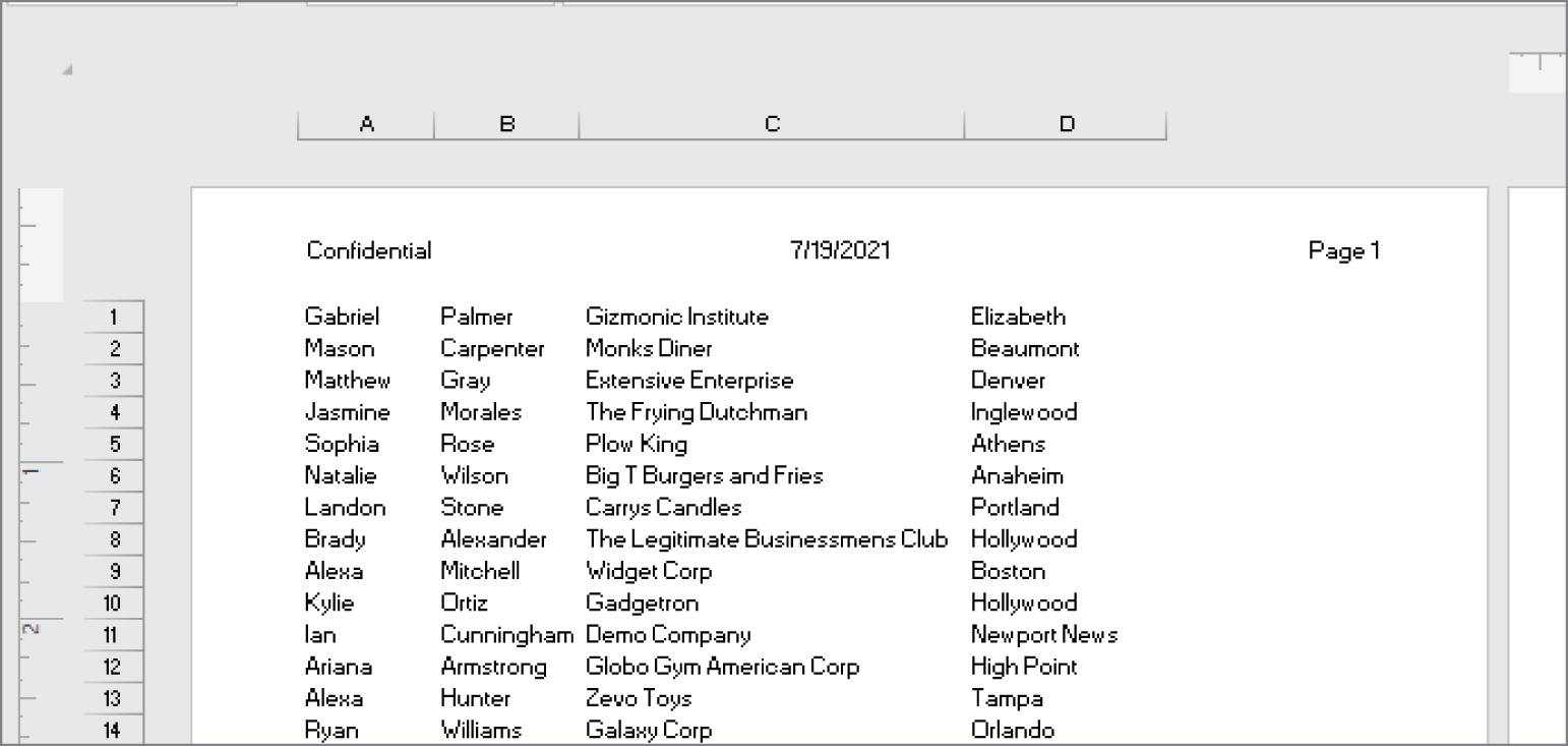 Snapshot of the three-part header is one of Excel's predefined headers.