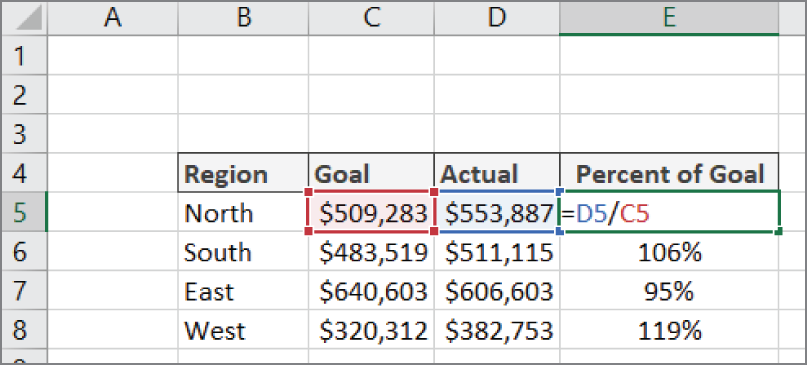 Snapshot of calculating the percent of goal