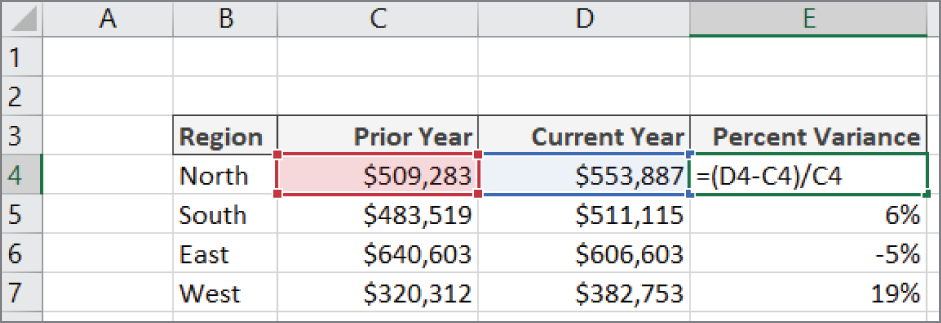 Snapshot of calculating the percent variance between current year sales and previous year sales