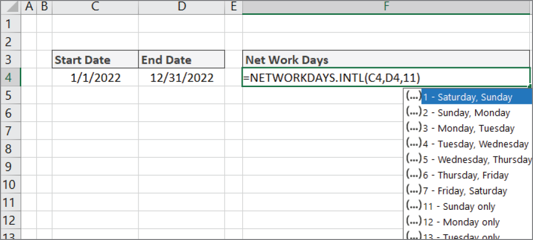 Snapshot of NETWORKDAY.INTL allows you to specify which days to exclude as weekend days.