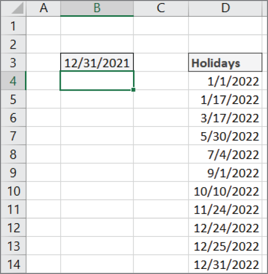 Snapshot of start with a sheet containing the last date of the previous year and a list of holidays.