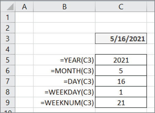 Snapshot of extract the parts of a date.