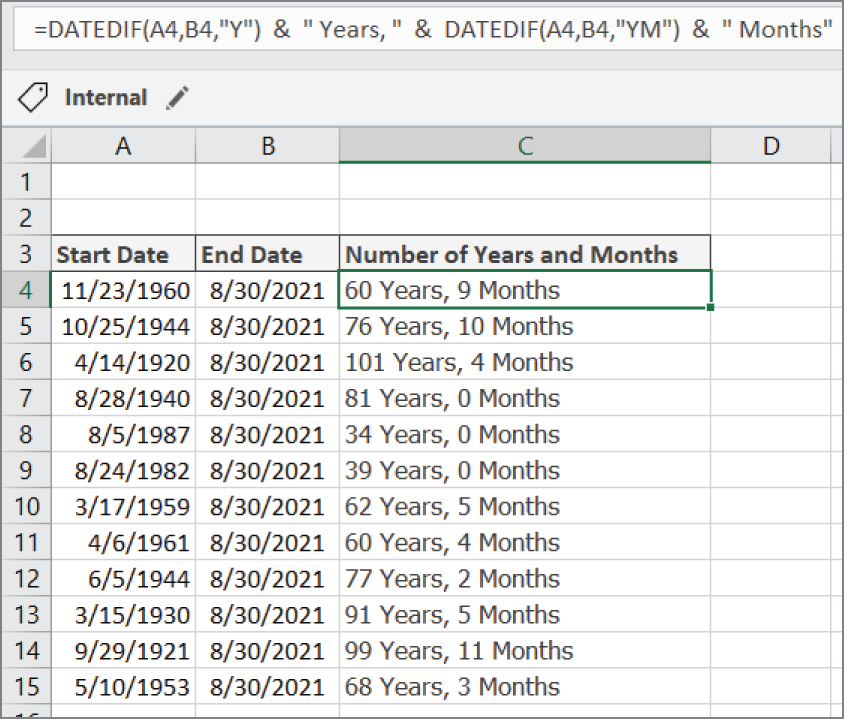 Snapshot of showing the years and months between dates