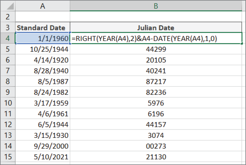 Snapshot of converting standard dates into Julian dates