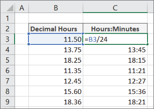 Snapshot of converting decimal hours to hours and minutes