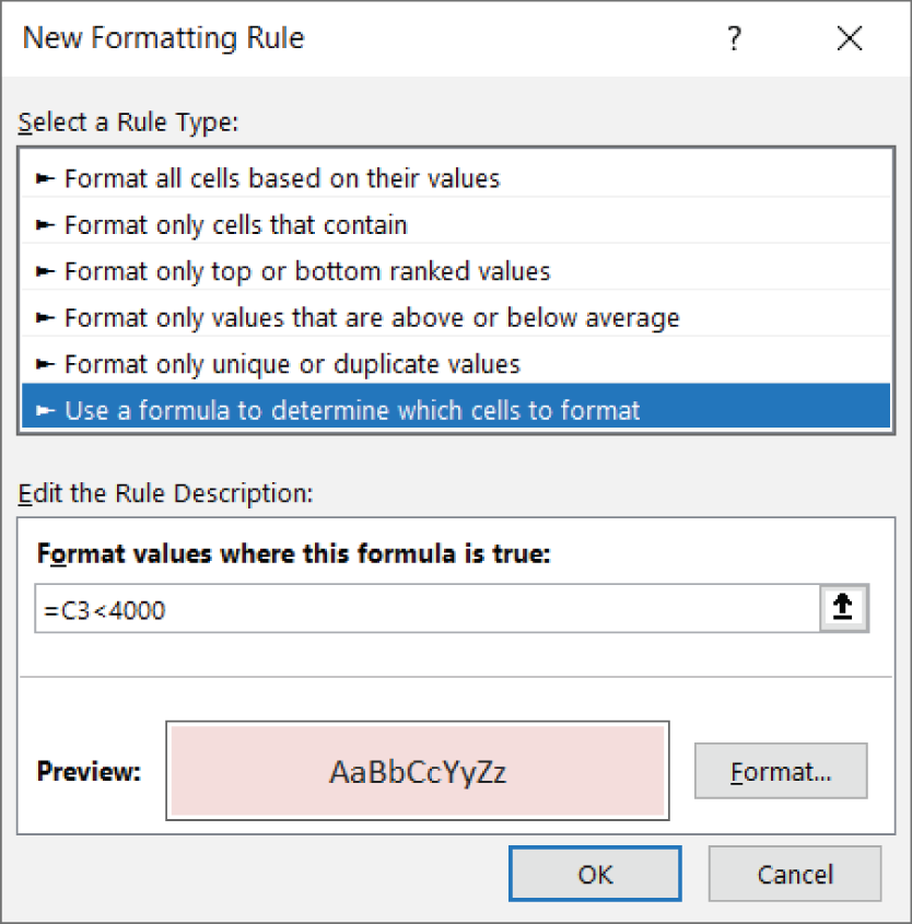 Snapshot of configure the New Formatting Rule dialog box to apply the needed formula rule.