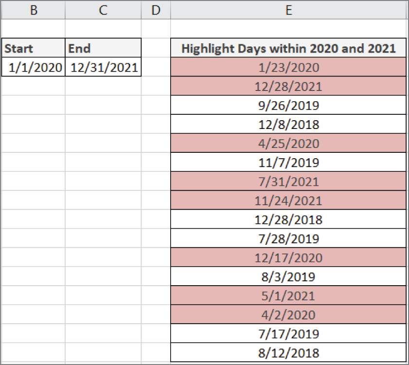 Snapshot of conditionally format dates that fall between a start and end date.