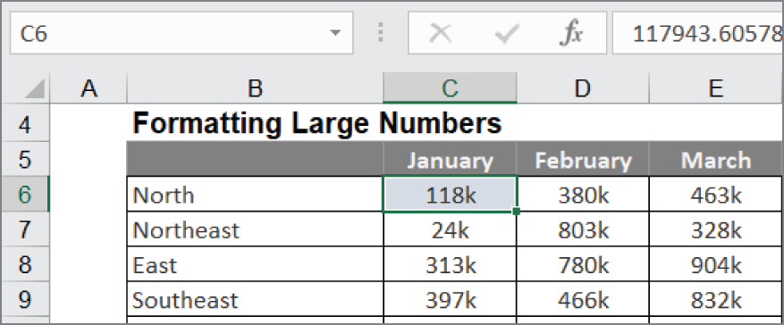 Snapshot of formatting numbers applies only a cosmetic look. Look in the formula bar to see the real, unformatted number.