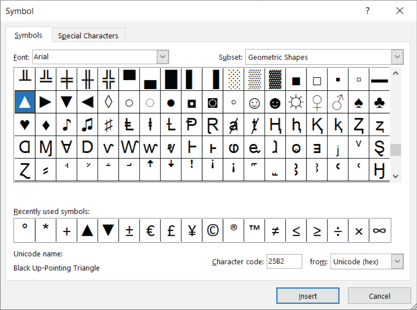 Snapshot of using the Symbol dialog box to insert the desired symbols into your holding cell.