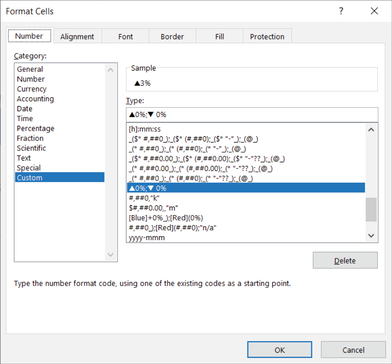 Snapshot of create a custom number format using the symbols.