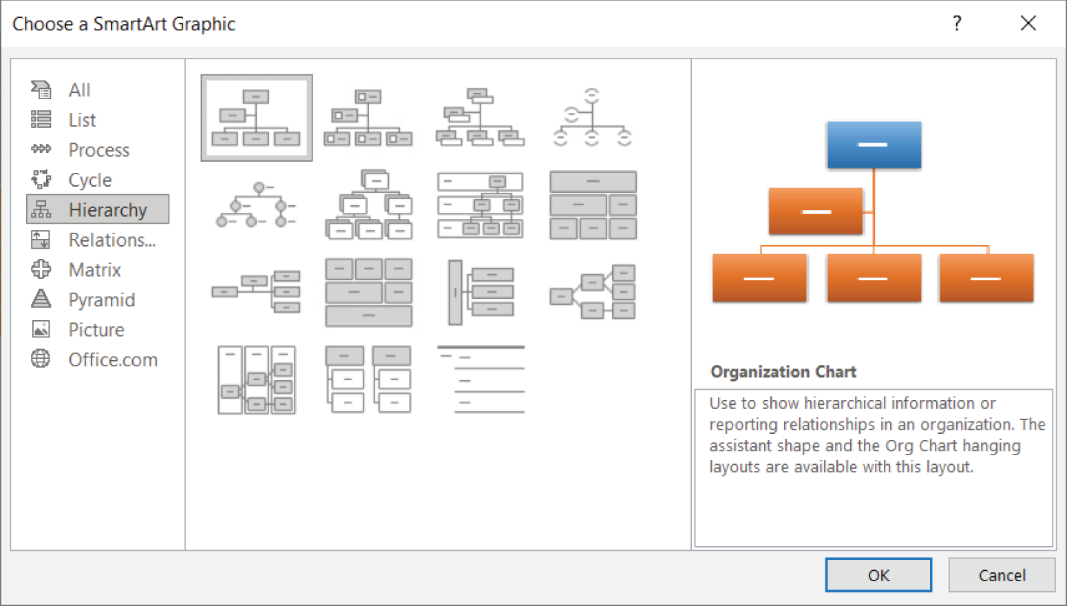 Snapshot of inserting a SmartArt graphic