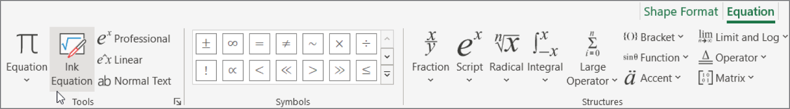 Snapshot of using the symbols on the Equation tab to write your equation.