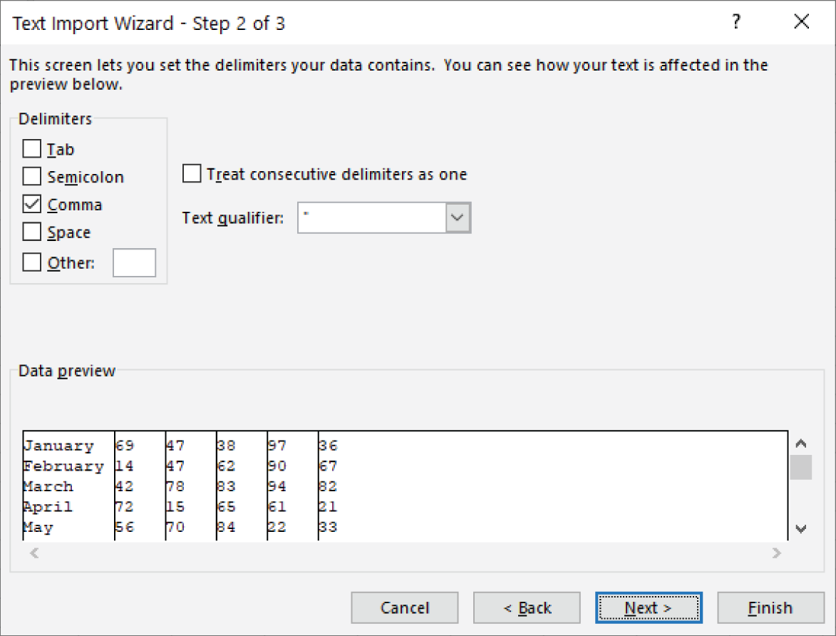 Snapshot of select the delimiter in step 2 of the Text Import Wizard.