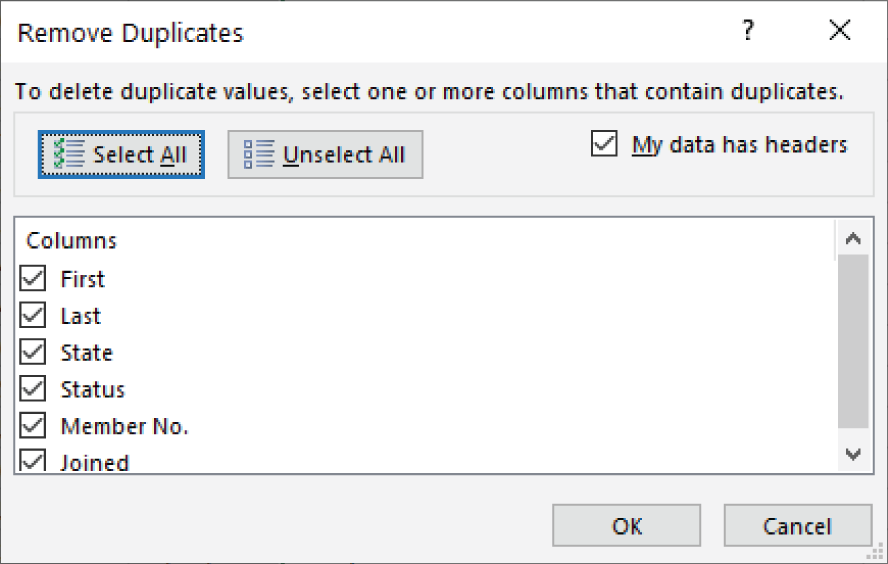 Snapshot of using the Remove Duplicates dialog box to delete duplicate rows.