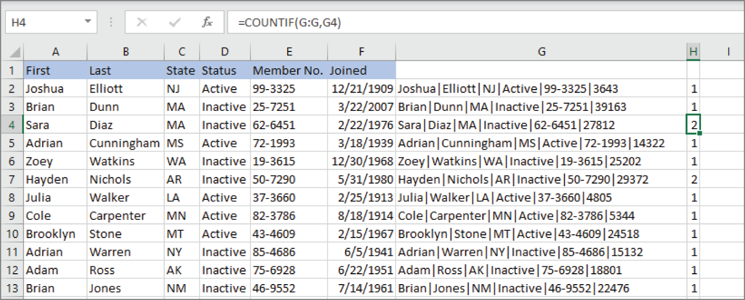 Snapshot of using formulas to identify duplicate rows