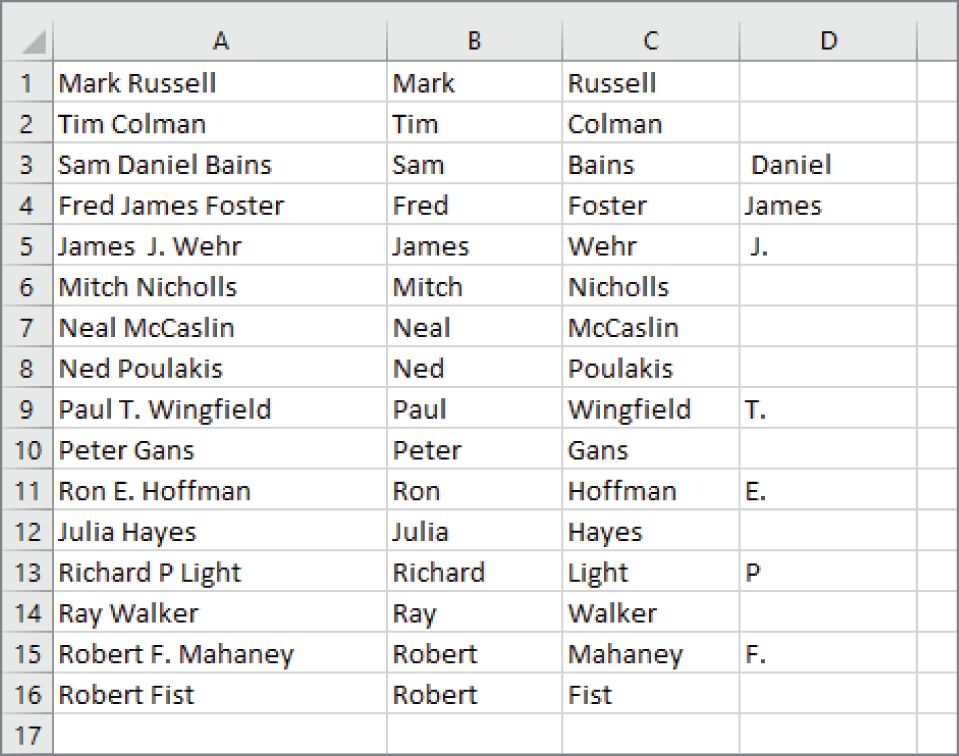 Snapshot of using Flash Fill to split names