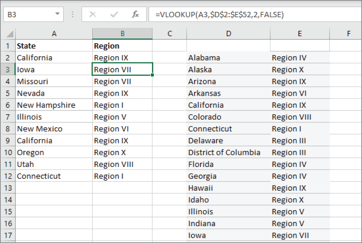 Snapshot of using a lookup table to assign a region for a state