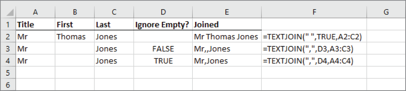 Snapshot of the TEXTJOIN function inserts delimiters between cell values.