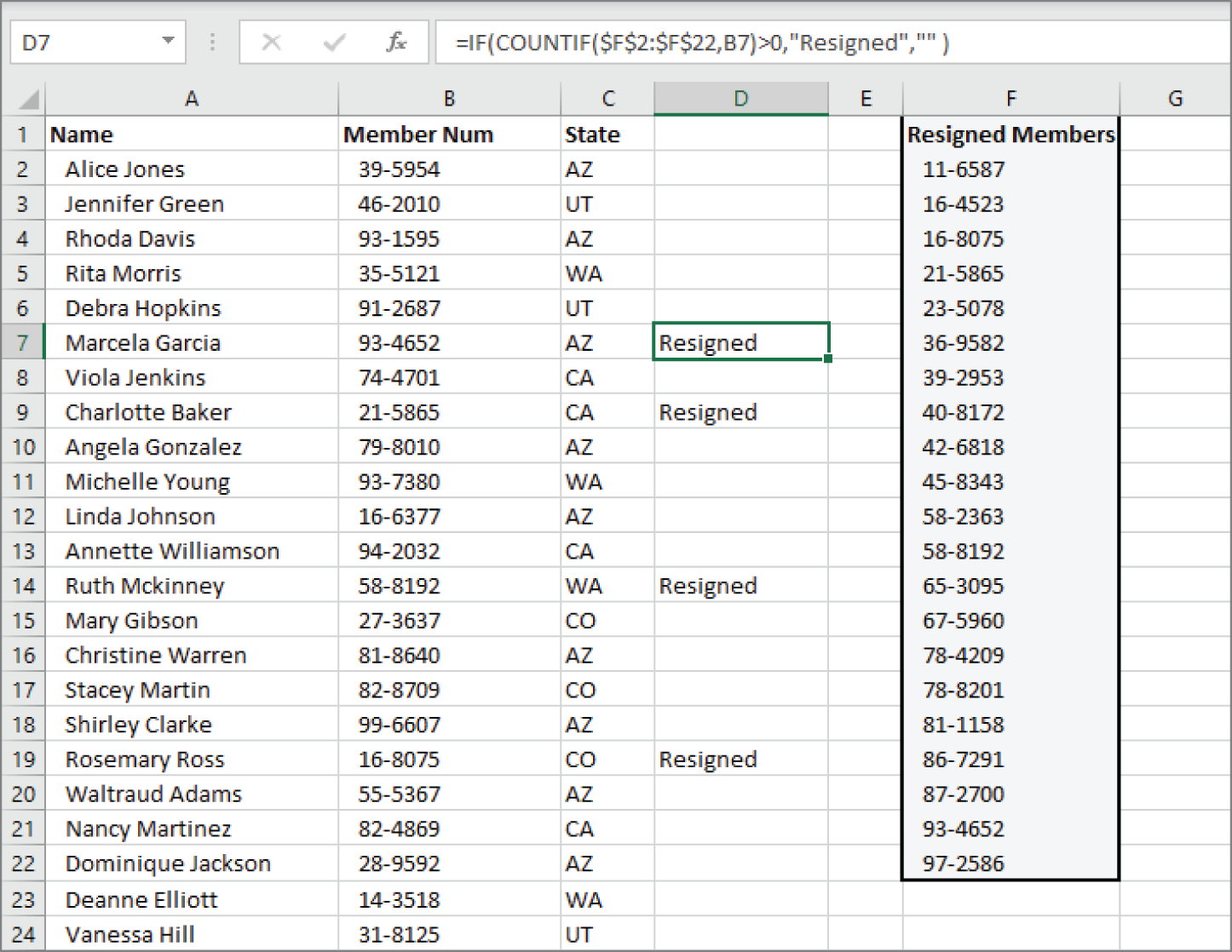 Snapshot of the goal is to identify member numbers that are in the Resigned Members list in column F.