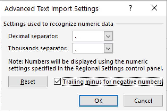 Snapshot of the Trailing Minus for Negative Numbers option makes it easy to fix trailing minus signs in a range of data.