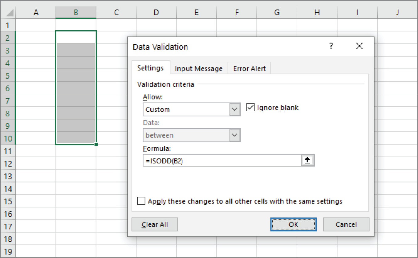 Snapshot of entering a data validation formula