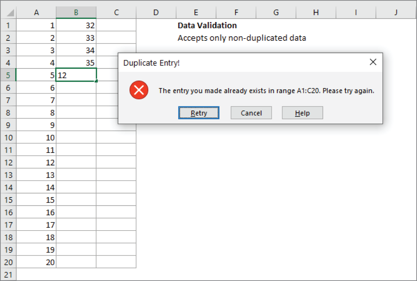 Snapshot of using data validation to prevent duplicate entries in a range