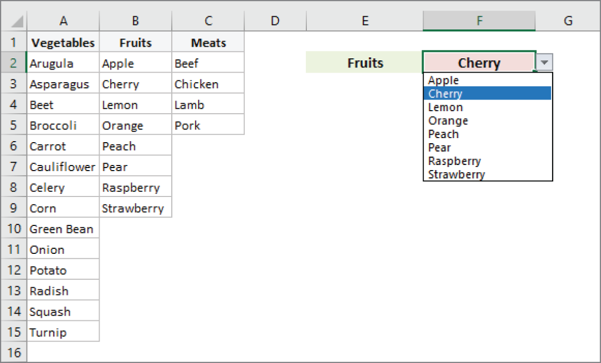 Snapshot of the items displayed in the list in cell F2 depend on the list item selected in cell E2.