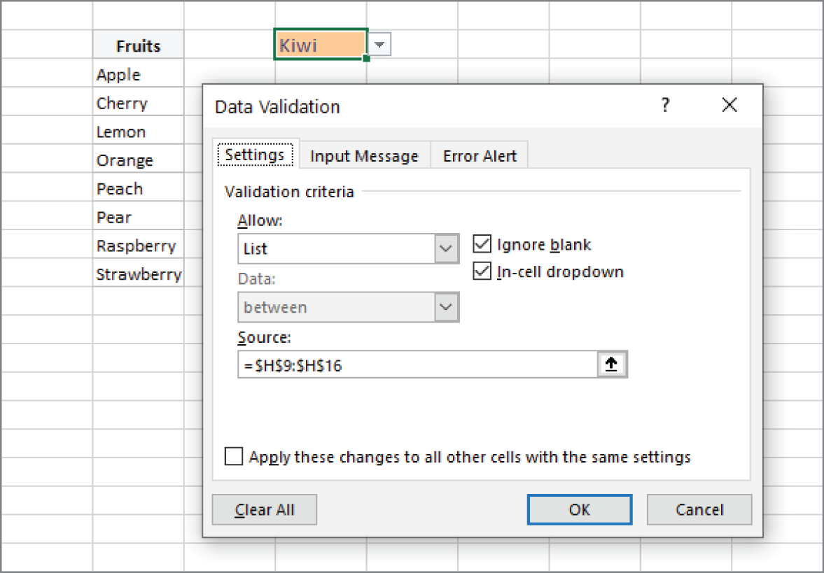 Snapshot of data Validation dialog box