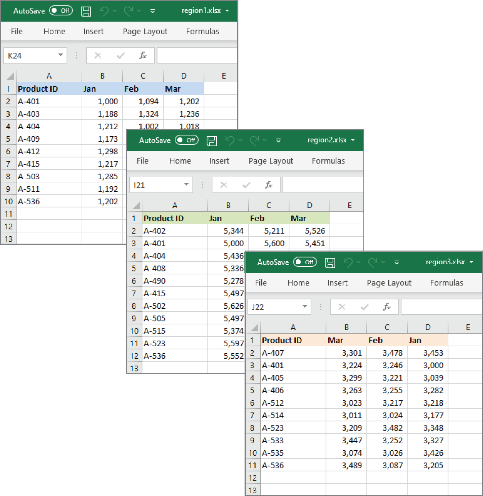 Snapshot of three workbooks to be consolidated