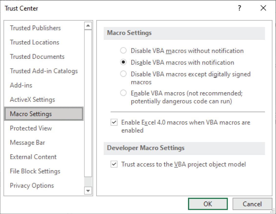 Snapshot of the Macro Settings section of the Trust Center dialog box