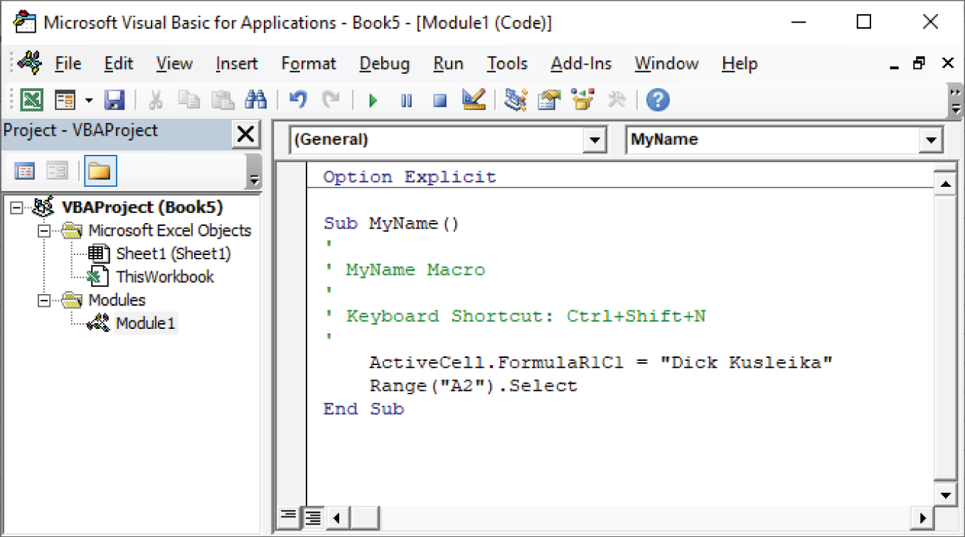 Snapshot of the MyName procedure was generated by the Excel macro recorder.