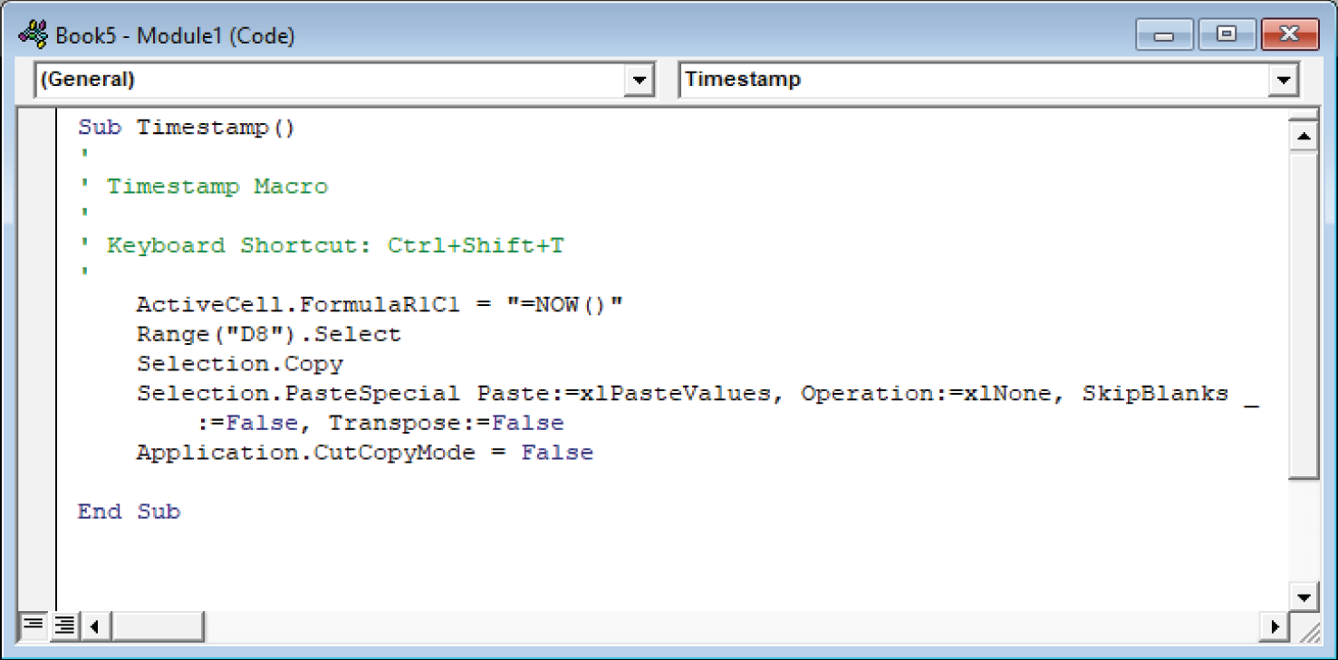 Snapshot of the TimeStamp procedure was generated by the Excel macro recorder.