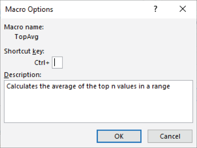 Snapshot of entering a description for a custom function. the description appears in the Insert Function dialog box.