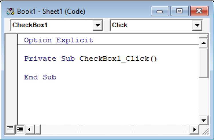 Snapshot of double-clicking a control in Design mode activates the VBE and enters an empty event-handler procedure.